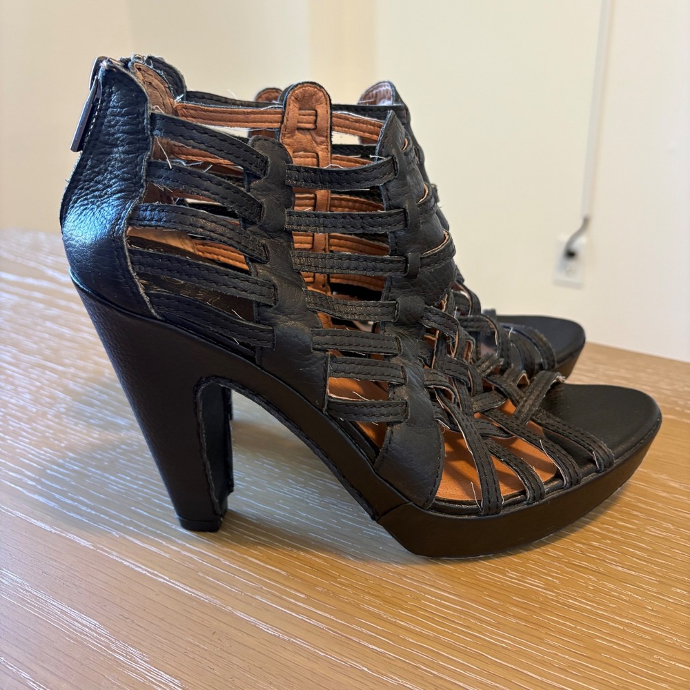Lucky Brand Persia Black Leather Caged Gladiator Platform Sandals Heels Womens 9